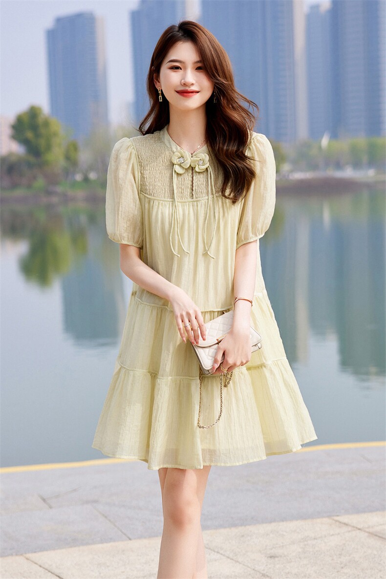 2023新款夏季女装天丝泡泡袖短袖显瘦减龄连衣裙,女装连衣裙,安之芮娜