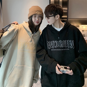 EQ177 麂皮绒哥特文油墨印花连帽套头卫衣男女秋季情侣装外套P68图片