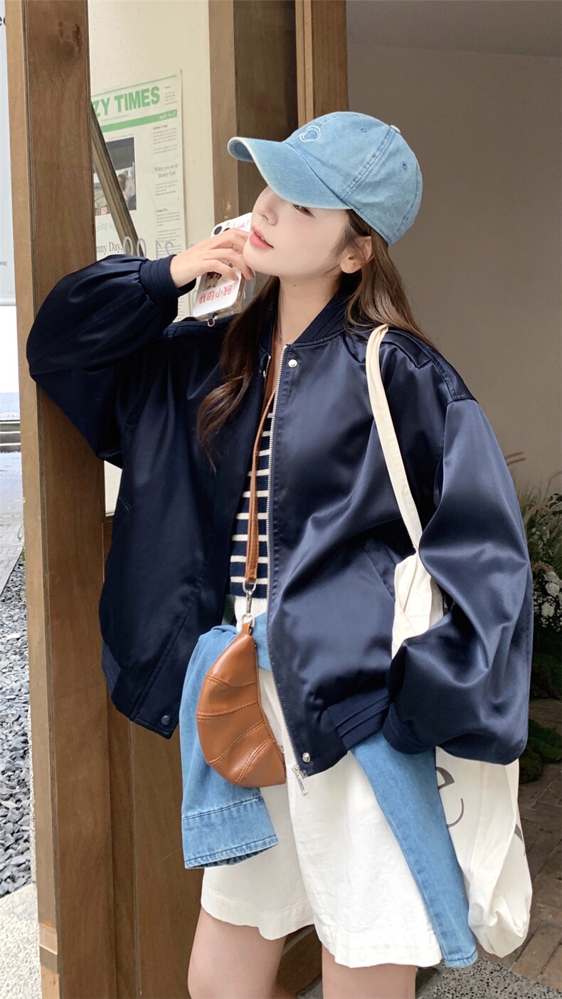 韩系学院风棒球服外套女2025秋季新款洋气宽松休闲短款藏青色夹克,女装短外套,2C258