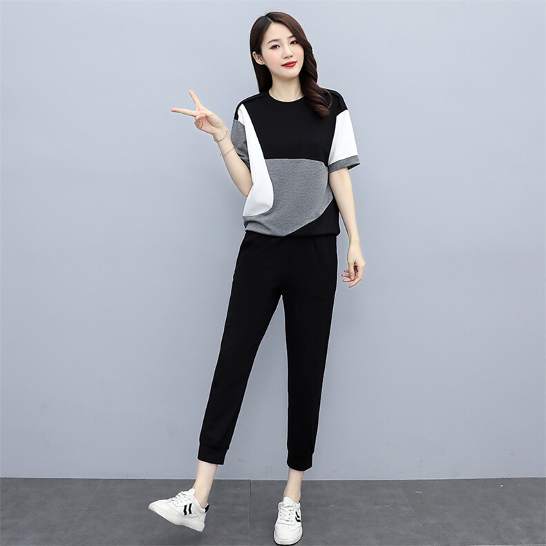 2023夏季新款简约气质圆领拼色休闲运动风潮流两件套,女装套装/套裙,千千佰惠