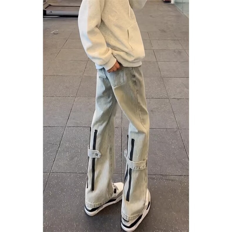 水洗黄泥色双拉链牛仔裤男款春秋美式高街vibe裤子小众微喇弯刀裤,男装牛仔裤,星座601-1