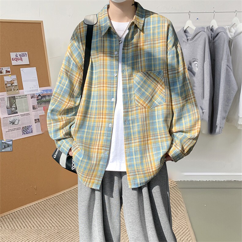 衬衫男秋季新款港风宽松大码磨毛格子长袖衬衣CS601-特P27，男装衬衫，星座214-3