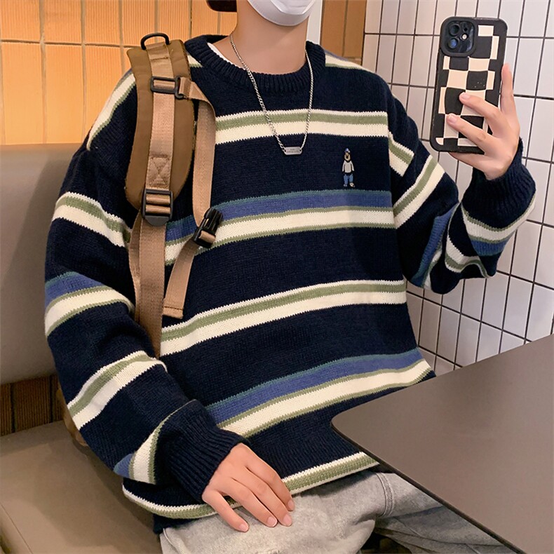 春秋条纹毛衣男韩版学生日系慵懒学院风宽松圆领上衣M751-P45,男装针织衫/毛衣,星座512-2
