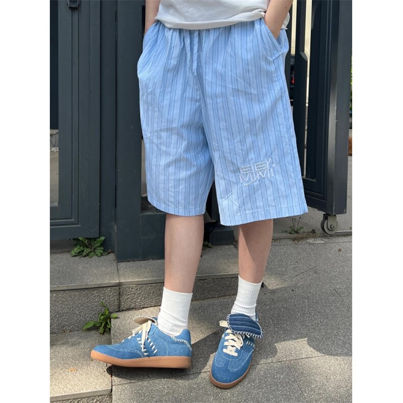 蓝色条纹短裤男女抽绳宽松夏季新款速干透气沙滩裤D5031,男装牛仔裤,星座1116A（原606A-3）