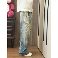 ！美式复古脏脏水洗破洞宽松牛仔裤，男装牛仔裤，星座617C