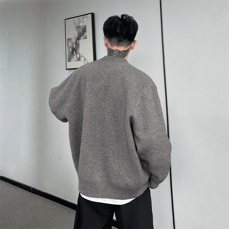 秋冬新款棒球领粗针开衫纯色宽松休闲慵懒感毛衣外套男女MM12,男装针织衫/毛衣,星座1116A（原606A-3）