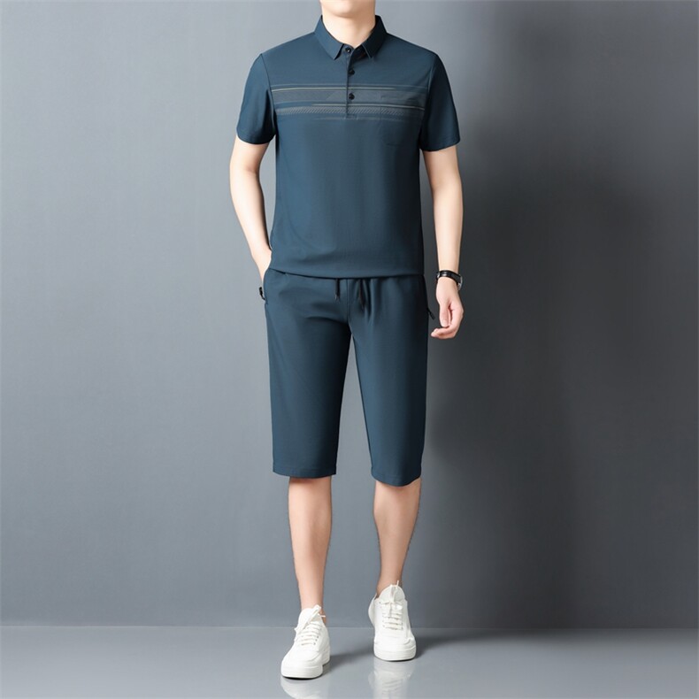 夏季男士短袖短裤套装POLO衫凉感透气翻领简约爸爸休闲冰丝套装图片