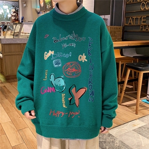 1港风日系宽松休闲情侣套头印花加厚毛衣男外套7696P55加绒P70图片