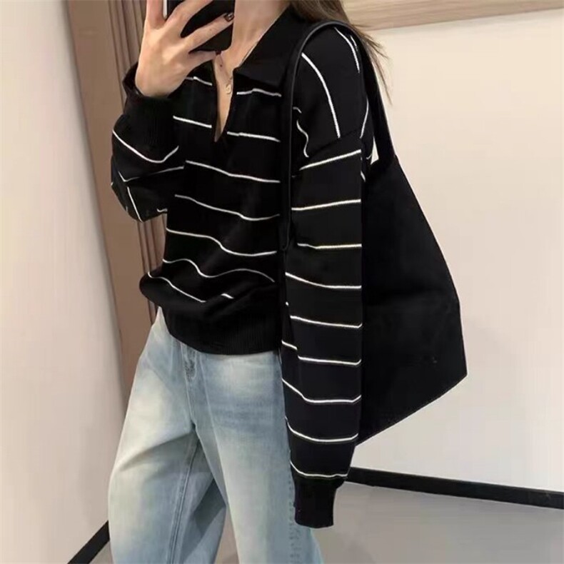 新款v领条纹针织宽松衫时尚休闲慵懒风,针织衫/毛衣,锦瑟羊绒