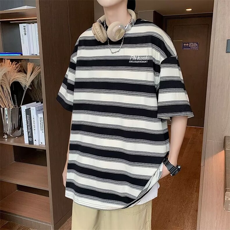 港风撞色条纹T恤男夏季百搭情侣ins潮牌宽松半袖上衣 T1217-P25图片