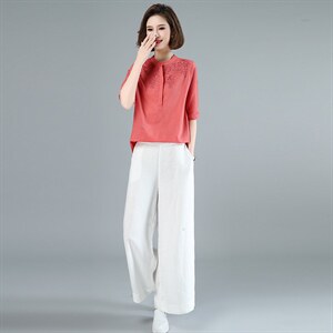 2022夏装新款棉麻刺绣短袖上衣休闲阔腿裤两件套套装,女装大码女装,木子恋