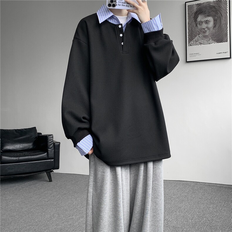 M-8XL假两件撞色polo衬衫翻领卫衣亨利领大码长袖上衣WY5117特P45,男装衬衫,电商B238