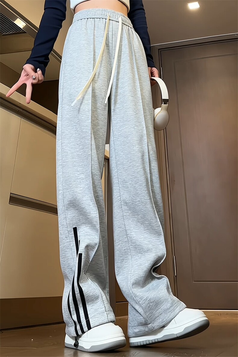 黑色条纹弯刀阔腿卫裤男宽松bf慵懒风直筒加长运动裤子高个子春秋,男装休闲裤,电商A022