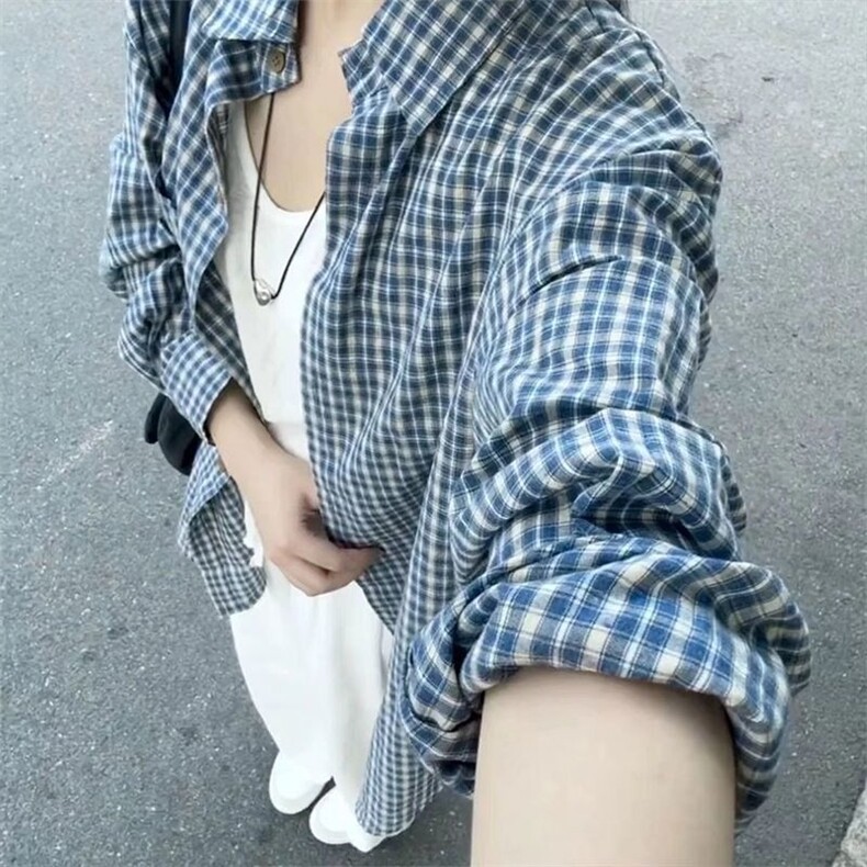 复古蓝色格子衬衫薄款防晒外套女长袖小个子慵懒衬衣宽松春秋上衣,男装防晒衣,星座506A