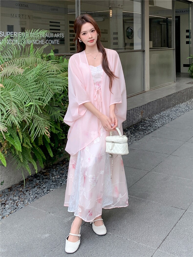《现货26夏上新》重工蕾丝拼接刺绣吊带仙女裙天丝披肩防晒连件套,女装连衣裙,苗苗