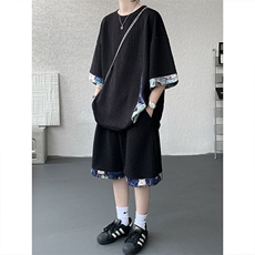 TZ789-特P55控98夏季T撞色拼接小熊大码短袖短裤凉感冰丝套装，男装牛仔裤，电商A059