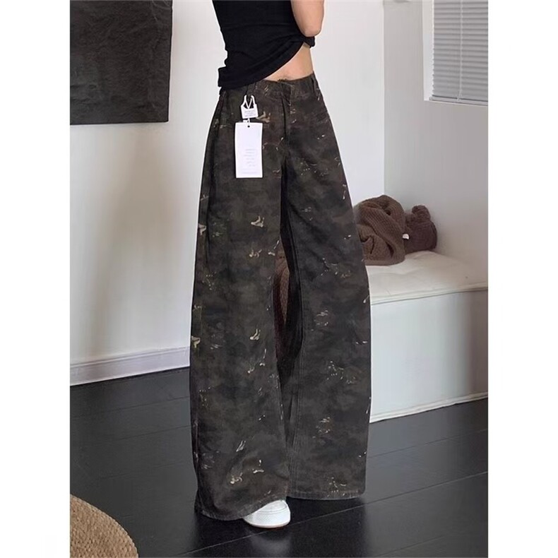 迷彩阔腿裤女夏季新款高腰设计感直筒拖地裤子，男装休闲裤，星座813-3