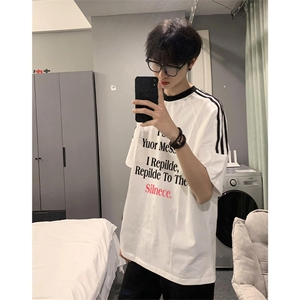 夏季美式高街重磅纯棉三条杠织带撞色男女短袖T恤ZD360-特P30图片