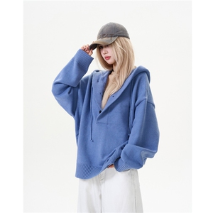 网图M2837-特P60冬季半开衫纽扣连帽毛衣针织衫男女慵懒风情侣图片