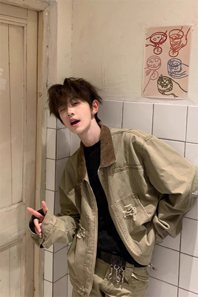 卡其色短款工装外套美式复古水洗翻领底特律夹克JK7013特P76,男装夹克,星座908-1