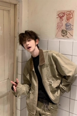 卡其色短款工装外套美式复古水洗翻领底特律夹克JK7013特P76，男装夹克，星座908-1