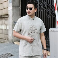 M-7XL夏季男式短袖唐装中国风亚麻爸爸棉麻衬衫加肥大码1809，男装衬衫，星座802