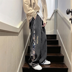 抖音潮小熊拼接水洗牛仔裤男松紧腰束脚裤XK66133-P55图片