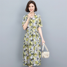 清仓货捡漏尾单剪标女装品牌外贸苎麻棉碎花半开扣系带连衣中长裙，女装连衣裙，阿丹