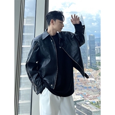 W9375-P80网图现货美式复古机车风PU皮衣垫肩双拉链皮夹克外套，男装夹克，星座1608-2