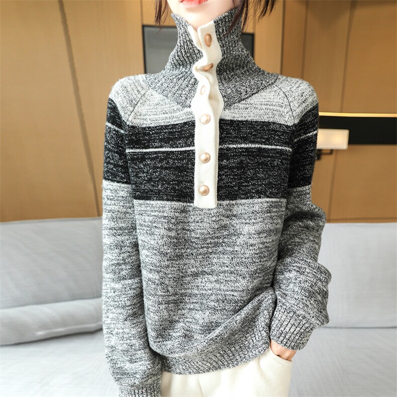 时尚高领条纹拼色女士羊毛衫保暖舒适百搭款，女装羊毛衫，暮绒羊羊绒
