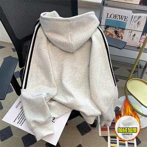 480G重磅加绒硬挺boxy男女秋冬美式高街结构三条杠卫衣开衫厚外套图片