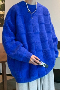 8XL-M特大码美式街头设计感毛巾绣格子毛衣男女情侣MY1204P50控68图片
