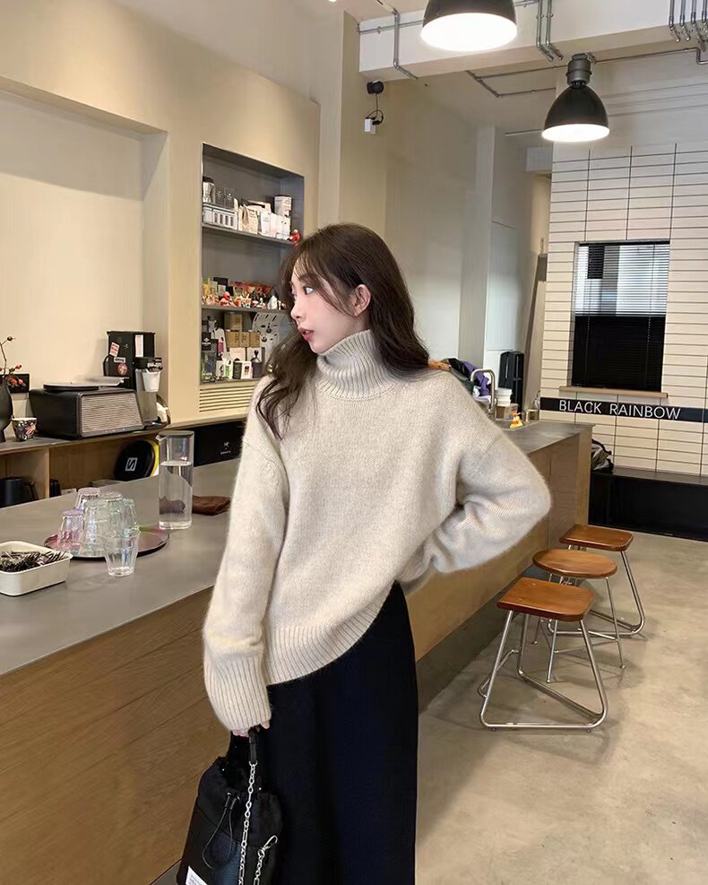 加厚高领毛衣女套头内搭秋冬季洋气外穿软糯慵懒风宽松针织衫上衣,针织衫/毛衣,半城羊绒