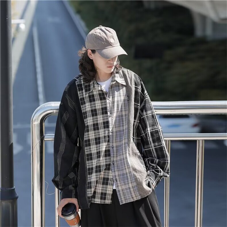 潮拼接格子衬衫男长袖春秋潮牌日系复古情侣衬衣外套LS767P50,男装衬衫,星座1013-5