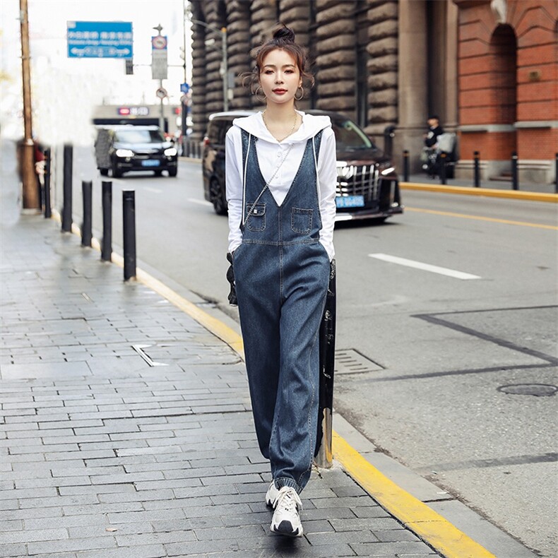 时尚牛仔背带裤女春季新款显瘦百搭休闲裤,女装休闲裤,秋水欣儿