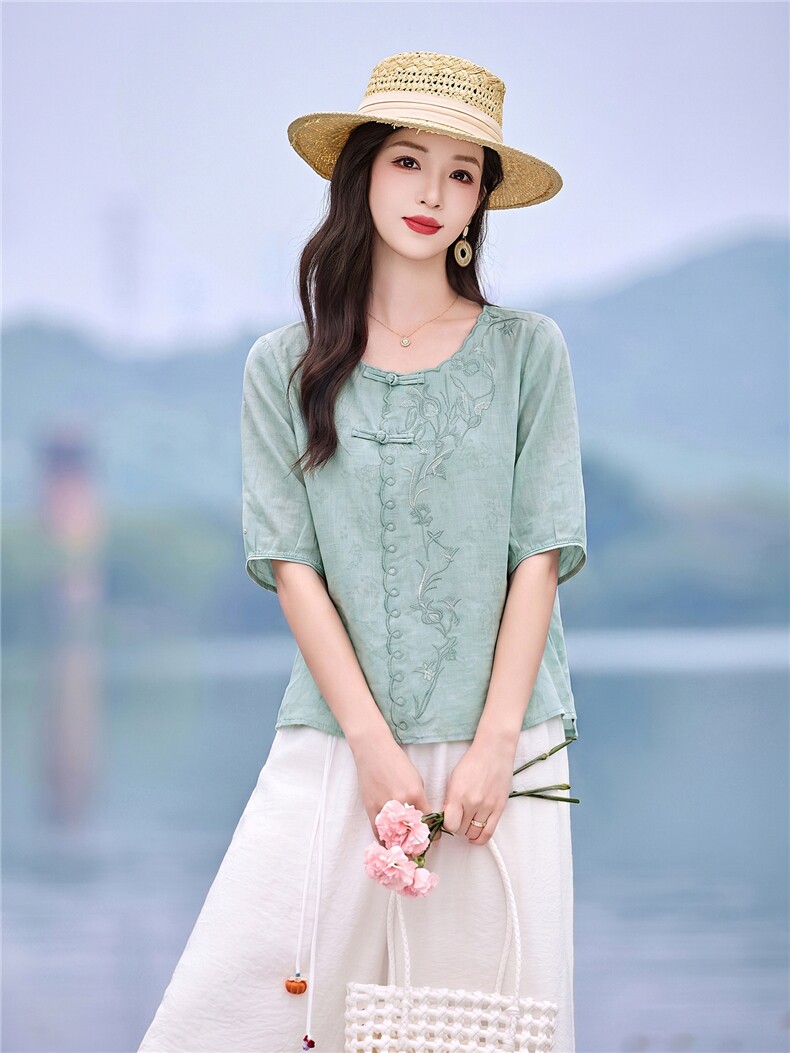 时尚洋气刺绣苎麻套装女2026夏季新款宽松遮肉显瘦阔腿裤两件套,女装套装/套裙,魅影