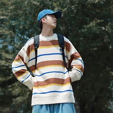 条纹复古小熊刺绣上衣日系圆领套头宽松休闲针织毛衣M874-P41，男装卫衣，星座512-2