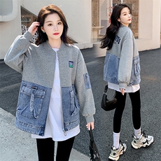 欧货牛仔拼接棒球服外套女2024春季新款韩版休闲卫衣夹克开衫上衣，女装短外套，悦祺