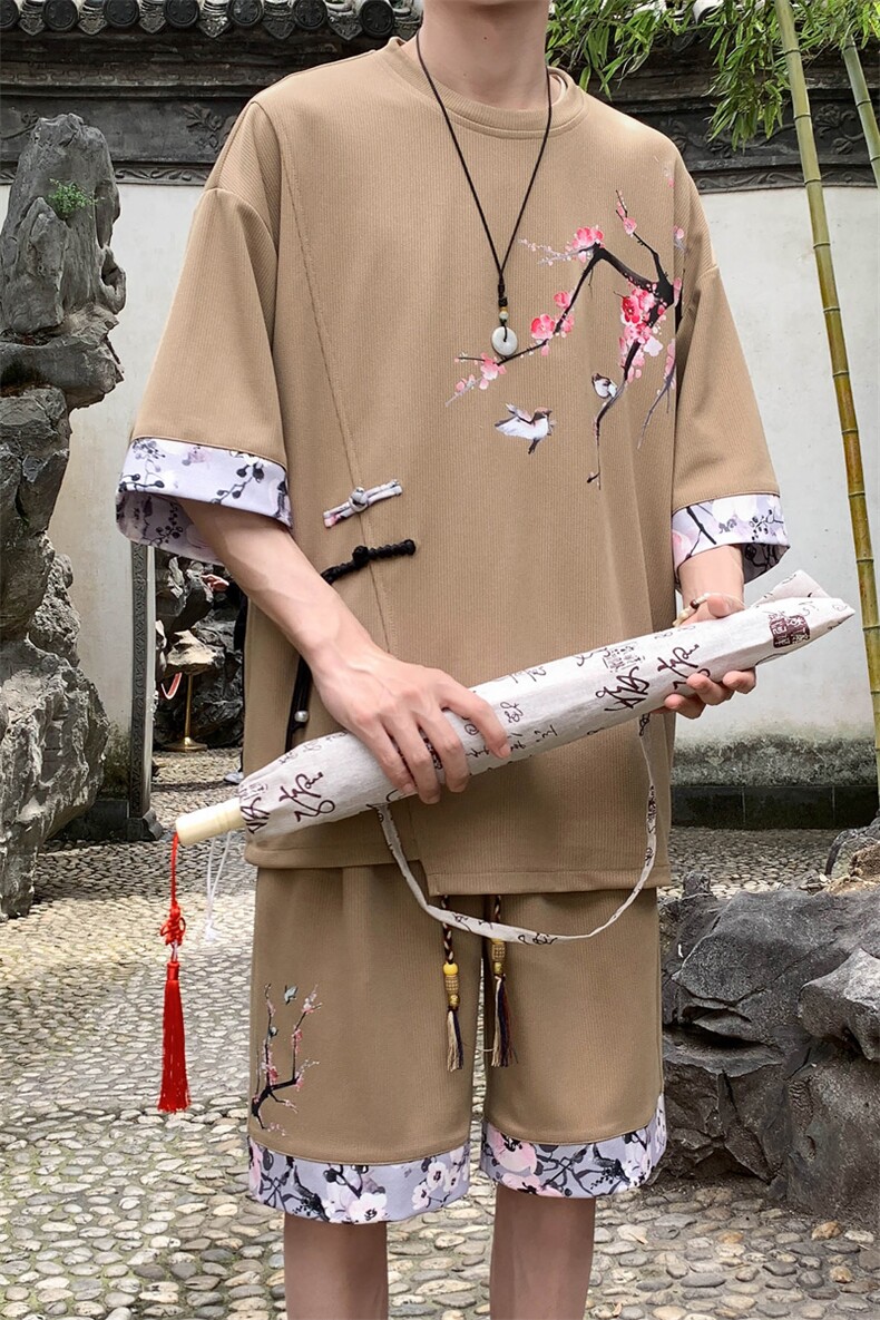 新中式风两件套夏季新中式禅意短袖t恤男套装A436-D220-P52,男装休闲套装,电商A436