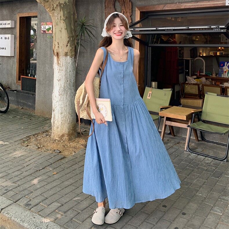 韩系复古蓝色背心裙女夏季2025新款简约休闲时尚单排扣无袖连衣裙图片