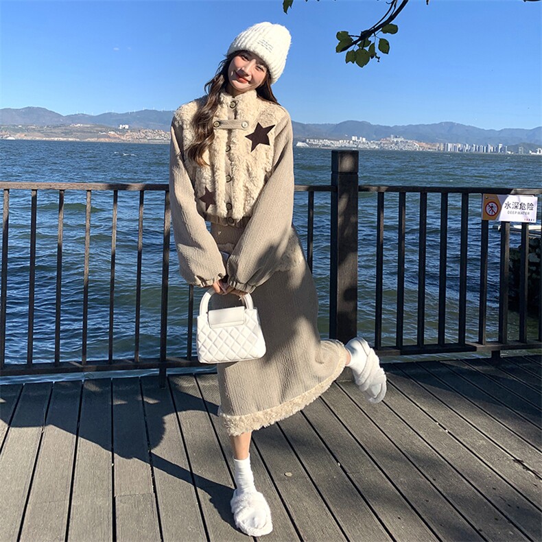 小香风仿皮毛一体羊羔毛短外套半身裙套装两件套女秋冬2025新款,女装套装/套裙,2C230