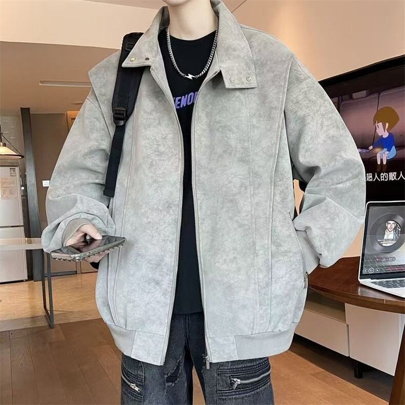 美式复古扎染PU皮夹克男女同款春秋款潮牌宽松休闲立领港风外套,男装夹克,星座1210-1