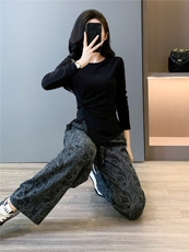 女秋穿搭时尚气质套装圆领不规则开叉设计长袖上衣阔腿长裤两件套，女装套装/套裙，江南