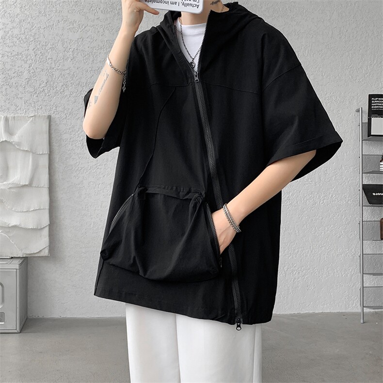 8XL-M特大码冰丝速干拼接t恤斜襟连帽拉链短袖卫衣七分袖DX324P55,男装T恤,电商D206-1