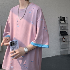 T10137-特批33控68开口笑高品质夏季大码短袖破洞潮流百搭T恤，男装T恤，电商A059