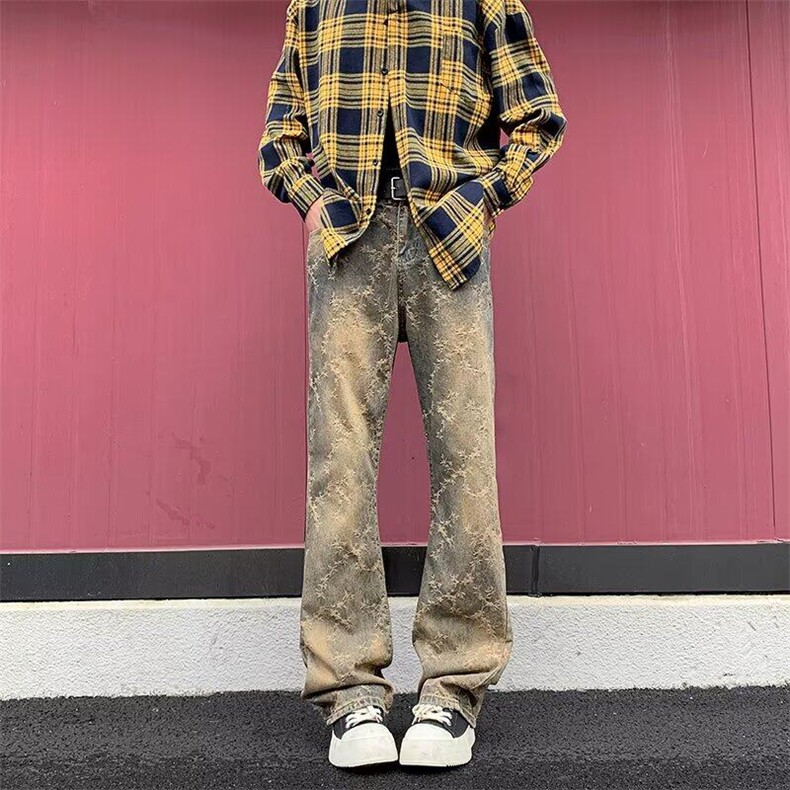 提花牛仔裤男女韩版潮流黄泥色帅直筒2025夏季ins长裤RK2586-P43，男装牛仔裤，星座412-3