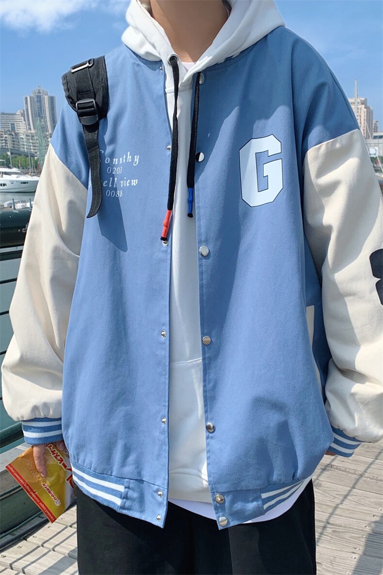 J606P30港风外景拼接撞色休闲港风秋装情侣外套棒球领字母印花,男装夹克,电商A026-1