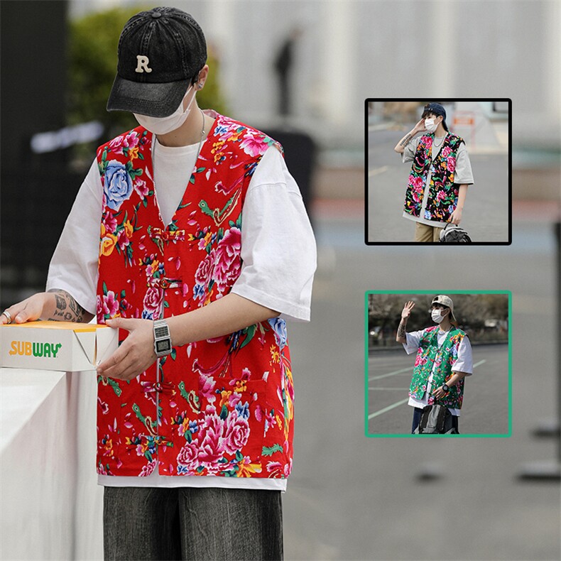 MJ03大花休闲口袋风盘扣马甲大码花坎肩团队服喜庆婚礼服潮男图片