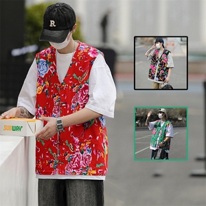 MJ03大花休闲口袋风盘扣马甲大码花坎肩团队服喜庆婚礼服潮男图片