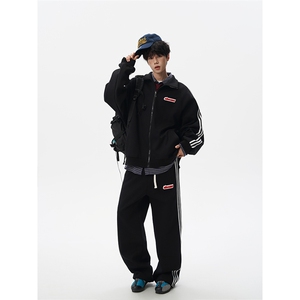 8XL-M条纹撞色开衫新年红卫衣运动套装潮牌运动服校园风TZ114P118图片